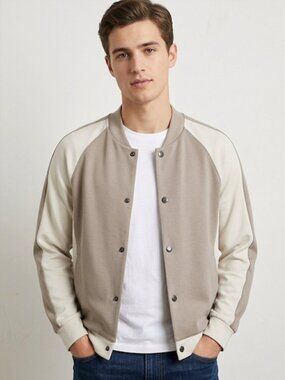 Elie Tahari Colorblock Bomber Varsity Jacket Light Taupe Ivory Medium